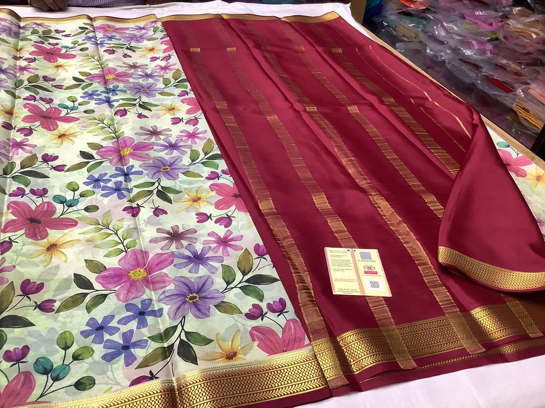 Vibrant Red And White Semi Mysore Style Saree With Intricate Zari Embellishments
