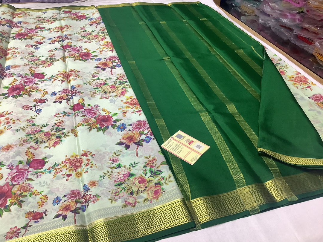 Grand Green And White Traditional Semi Mysore Soft Silk Saree With Zari Border And Pallu