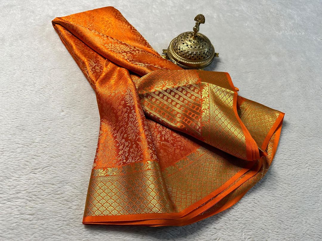 Traditional Pure Mysore Silk Saree Orange Brocade Elegance