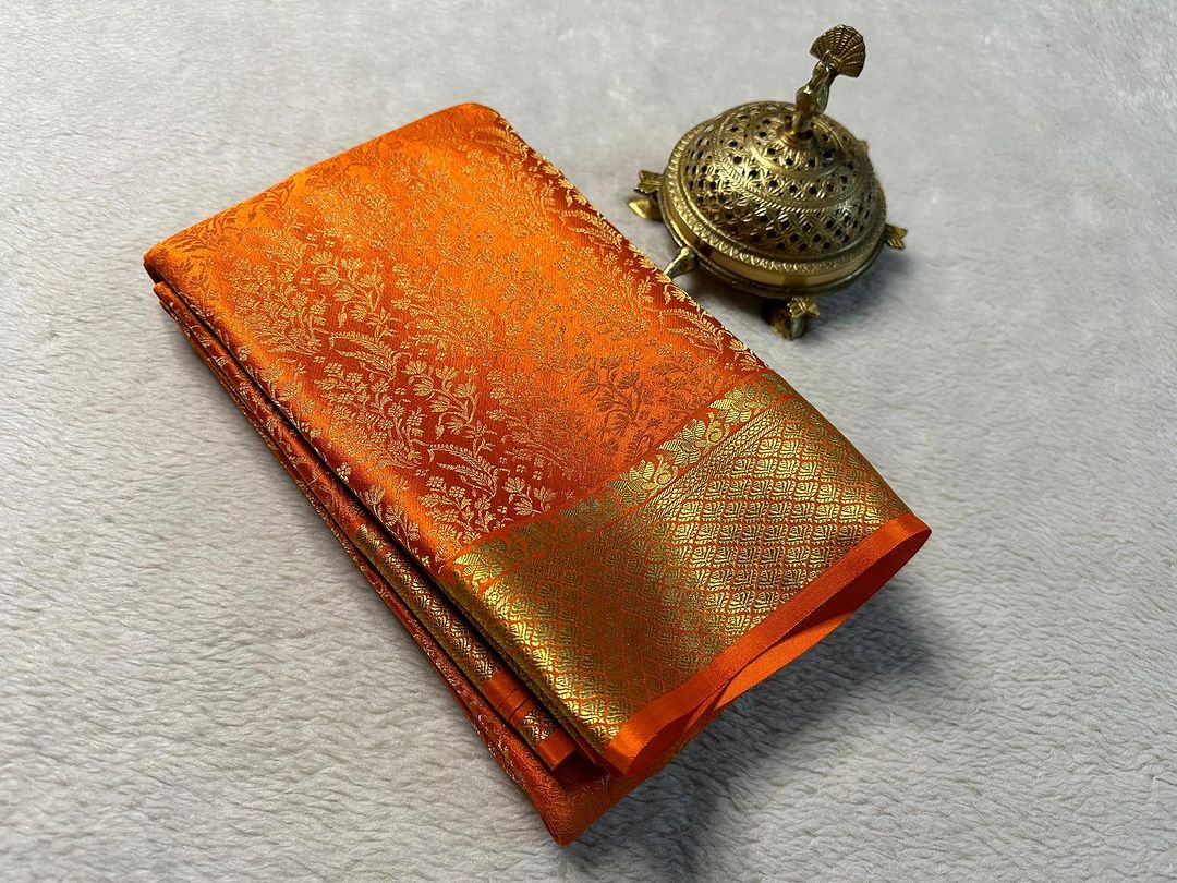 Traditional Pure Mysore Silk Saree Orange Brocade Elegance