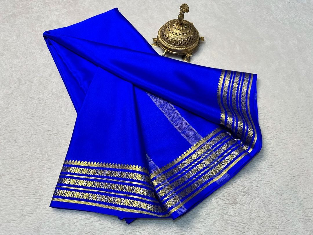 Radiant Blue Mysore Style Pure Soft Silk Saree Featuring Zari Work
