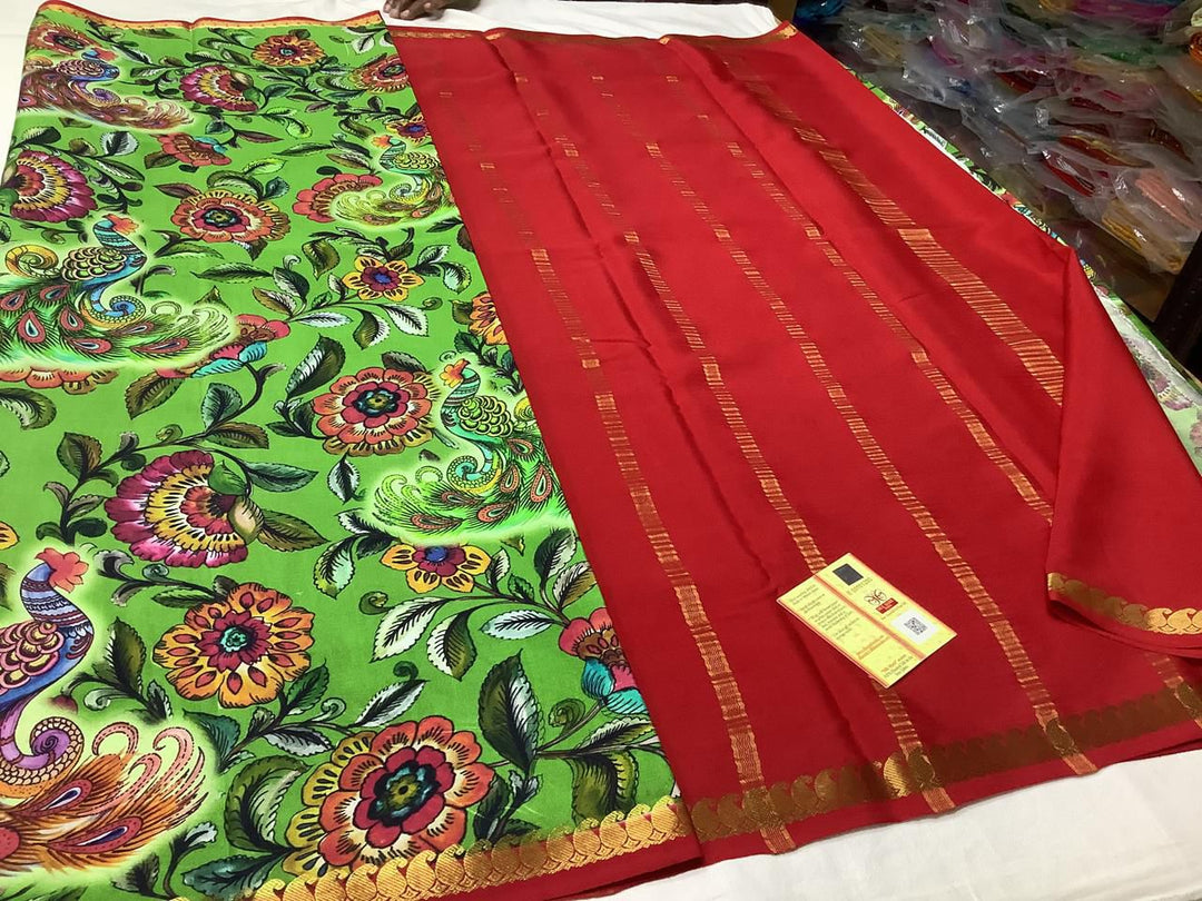Festive-Ready Digital Printed Pure Crepe Saree With Mysore Zari Trim
