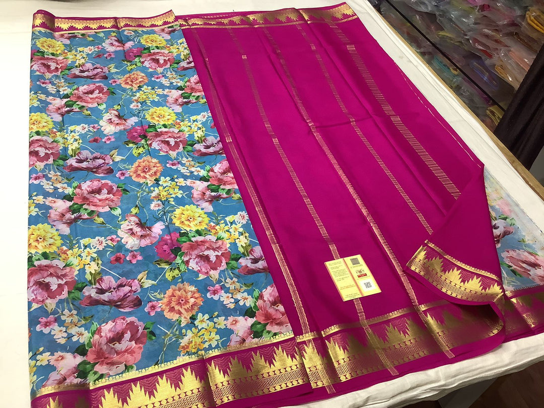 Alluring Pure Crepe Digital Printed Saree With Rich Zari And Mysore Silk Look