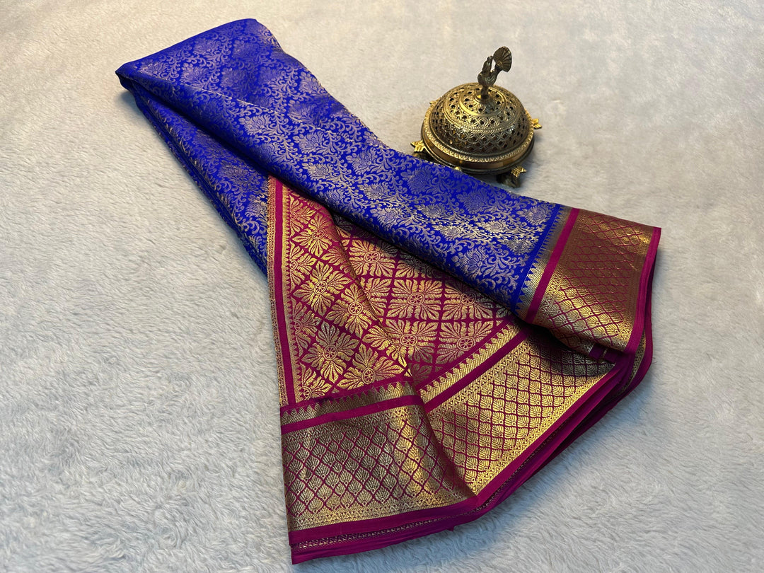 Cultural Charm Royal Blue Mysore Silk Saree 100% Pure Silk