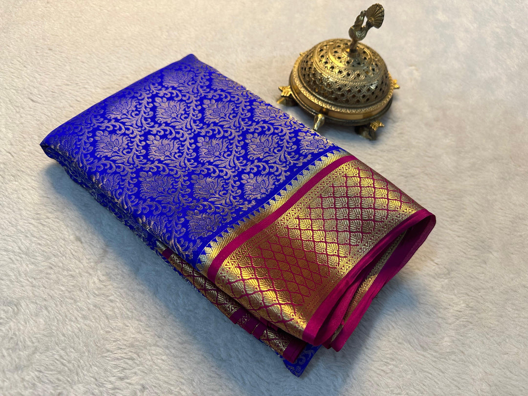Cultural Charm Royal Blue Mysore Silk Saree 100% Pure Silk