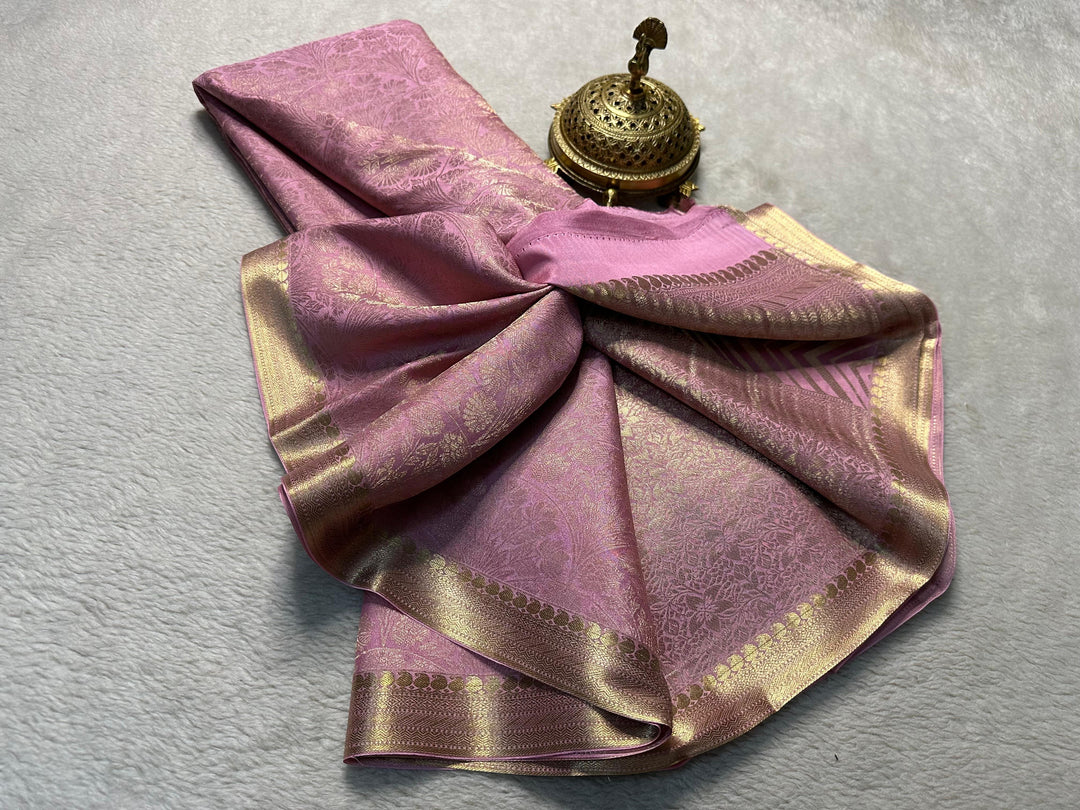 Classic Baby Pink Traditional Mysore Silk Saree In Pure Fabric With Unstitched Blouse
