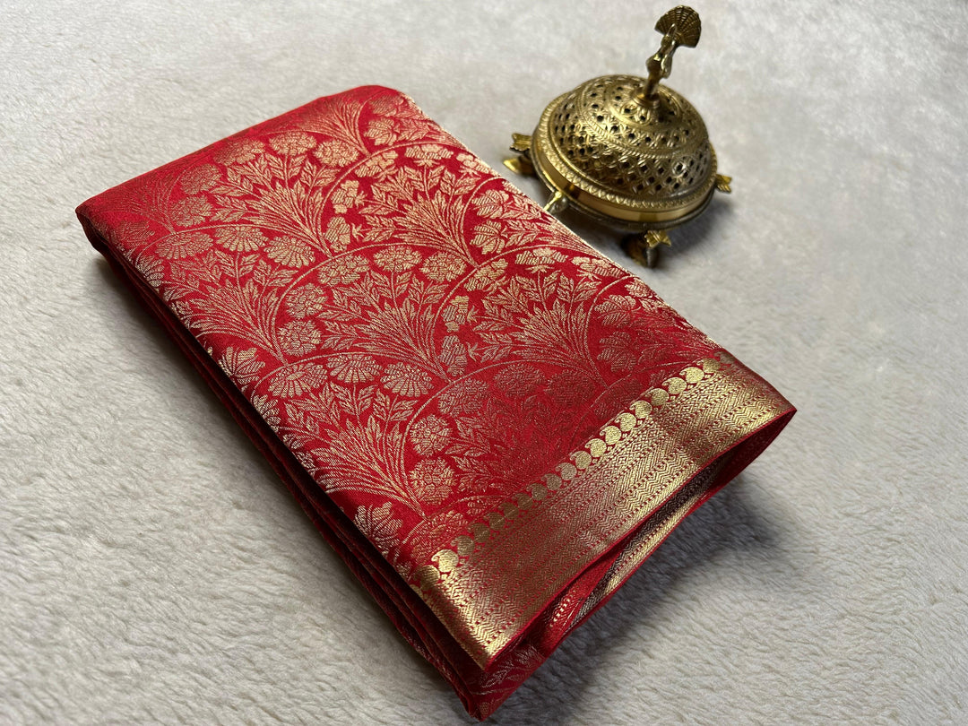 Authentic Red Pure Mysore Silk Saree With Traditional Touch And Blouse Material
