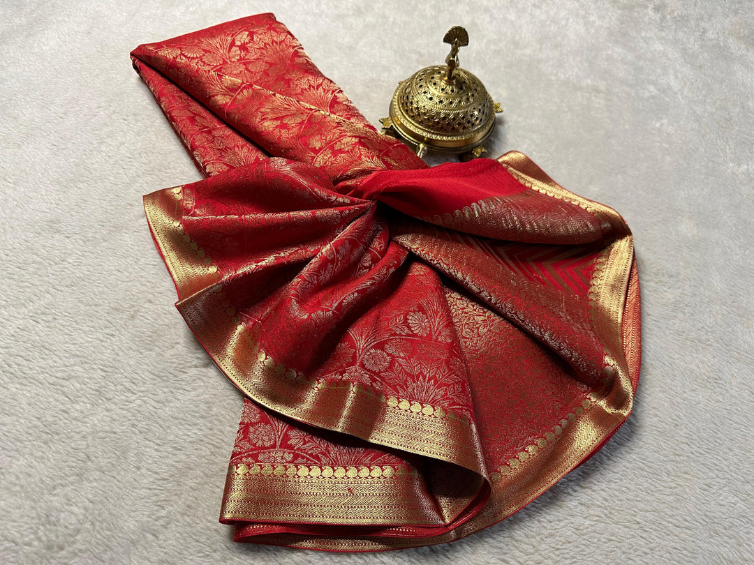 Authentic Red Pure Mysore Silk Saree With Traditional Touch And Blouse Material
