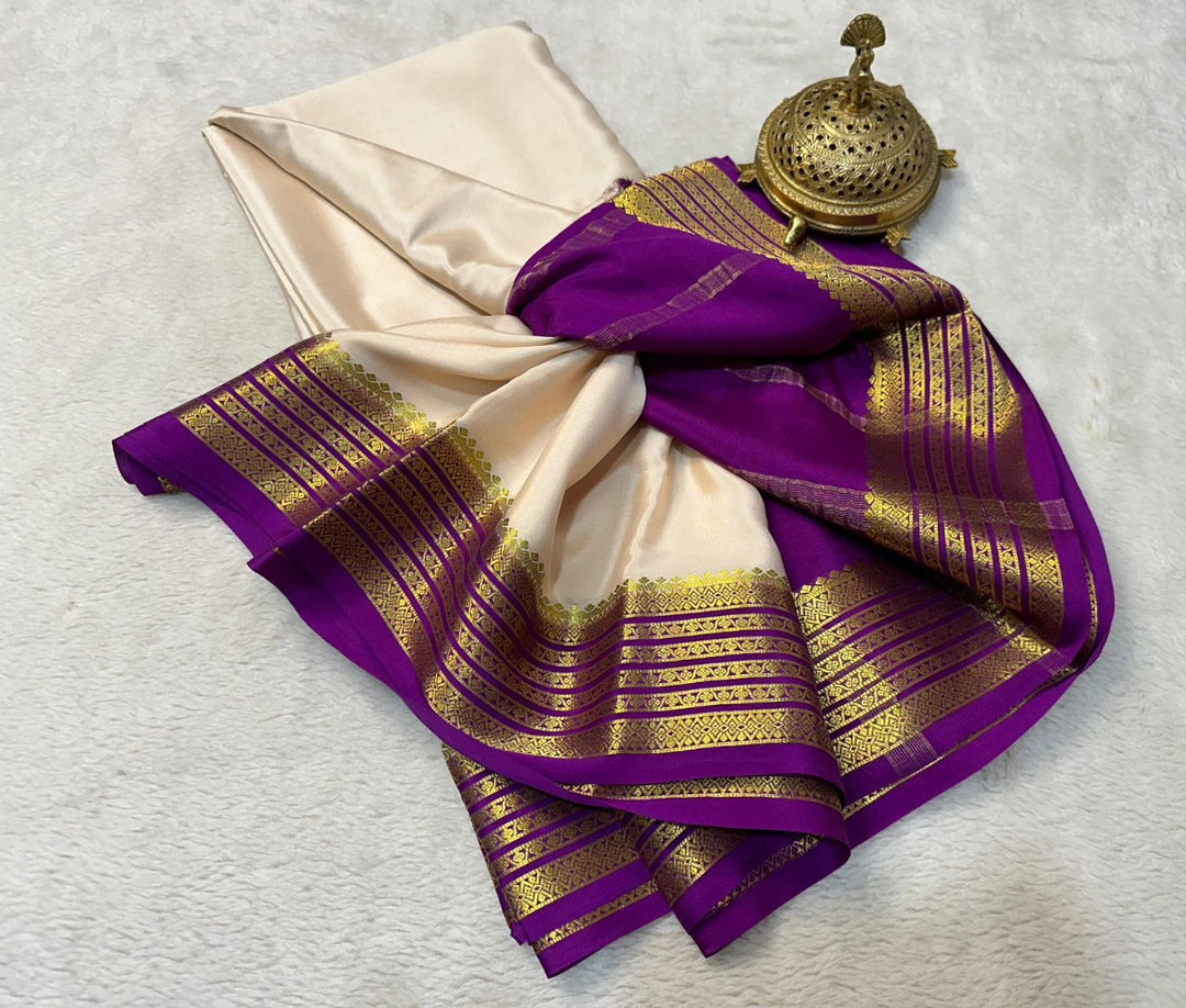 Elegant Off White Traditional Saree In Pure Mysore Soft Silk