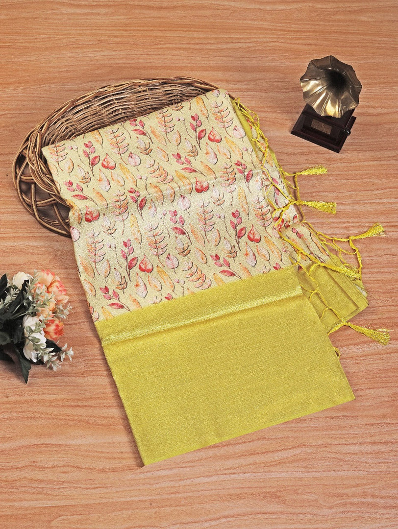 Authentic Mysore Silk Saree Yellow Crepe Fabric With Digital Prints