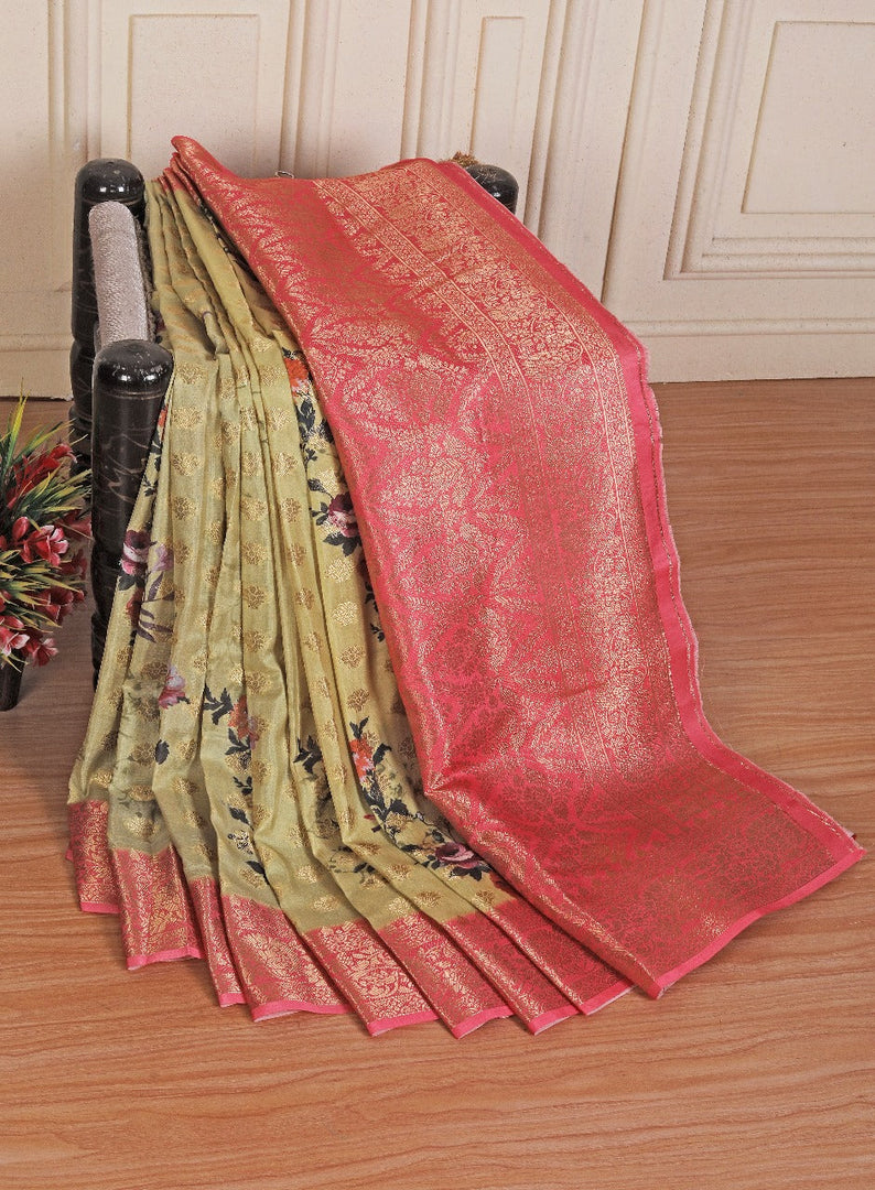 Stunning Yellow Digital Printed Georgette Saree In Crepe Fancy Blouse Included