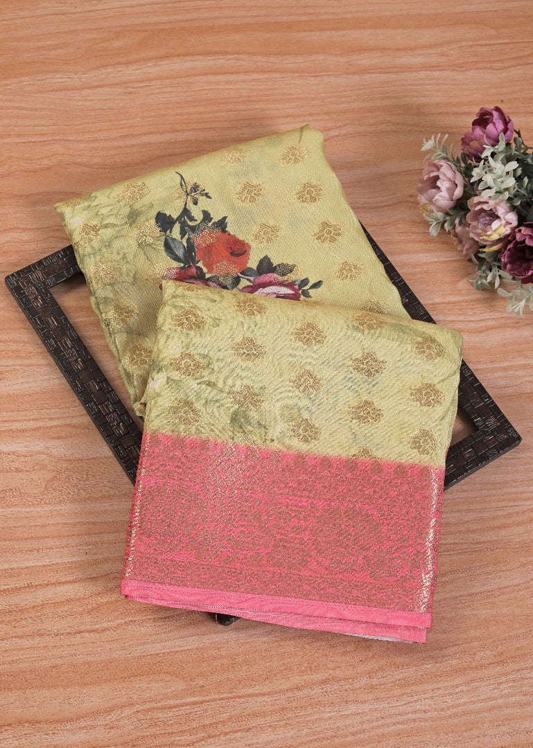 Stunning Yellow Digital Printed Georgette Saree In Crepe Fancy Blouse Included
