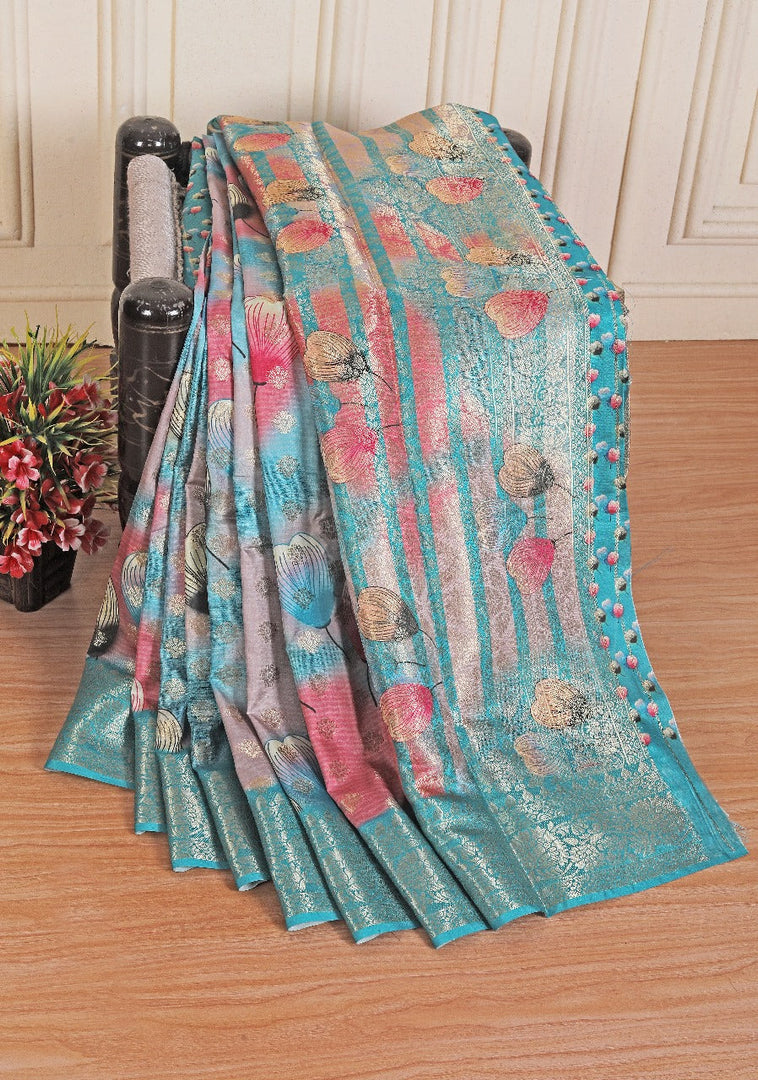Graceful Rama Crepe Georgette Saree Digital Artwork With Fancy Blouse