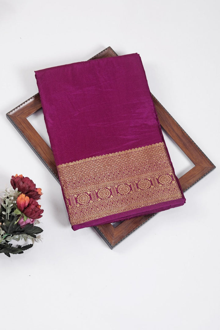Pure Crepe Mysore Silk Wine Saree With Rich Zari Border