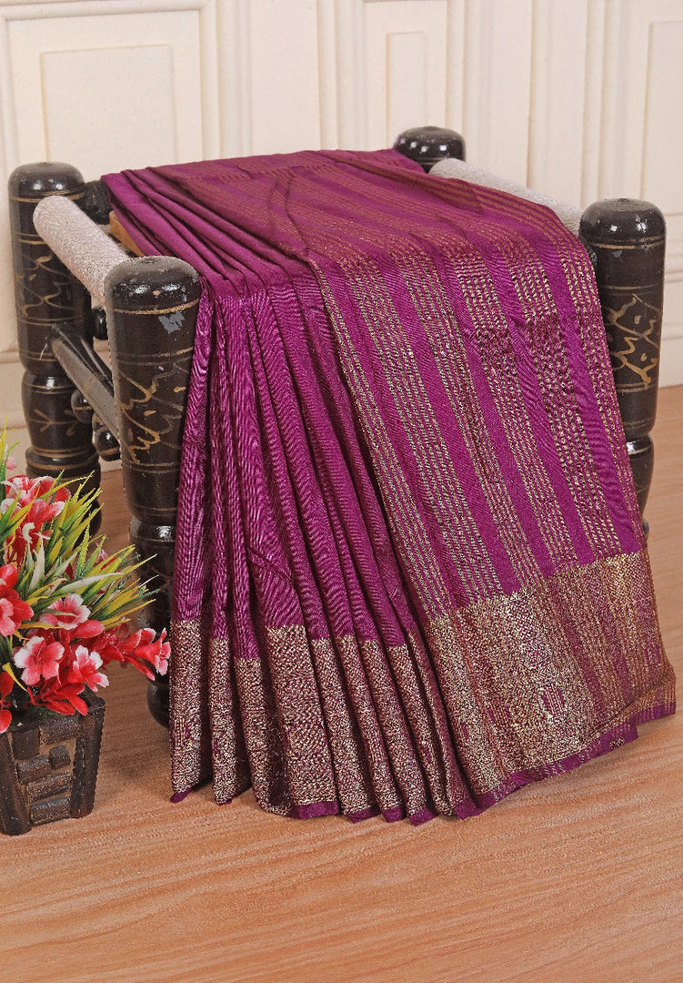 Pure Crepe Mysore Silk Wine Saree With Rich Zari Border