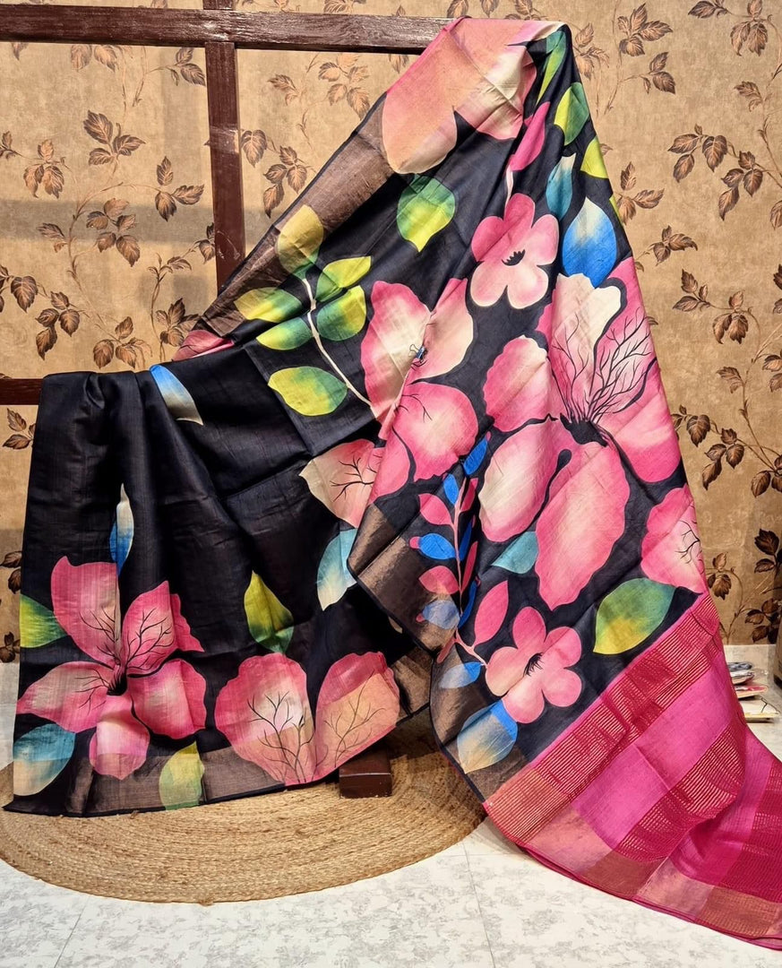 Artistic Black Tussar Soft Silk Saree Printed For Festive Wear