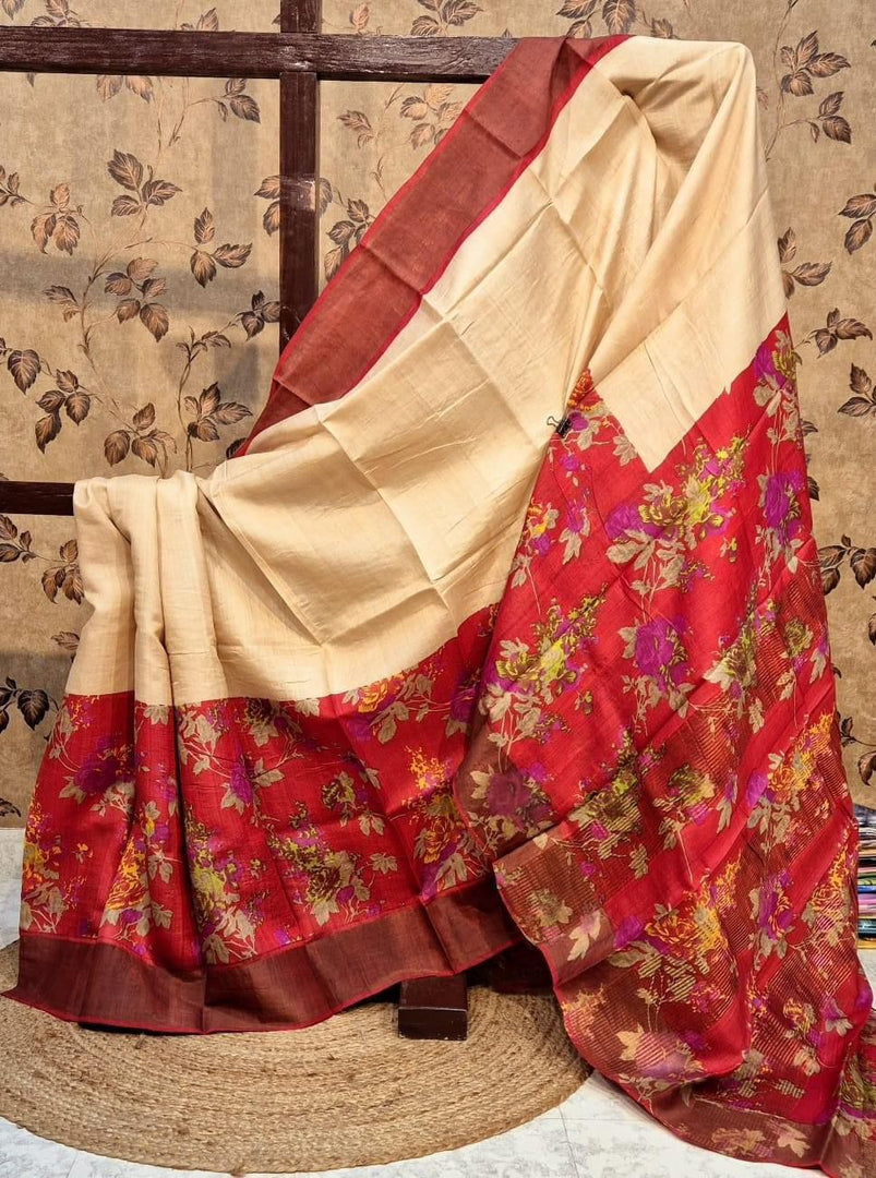 Handcrafted Look Off White Tussar Soft Silk Saree Ethnic Prints
