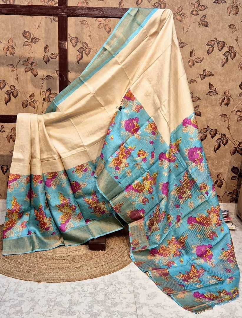 Graceful Blue Soft Silk Tussar Saree Traditional Print Craft