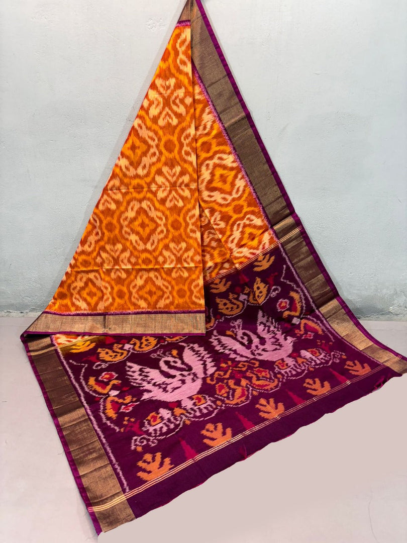 Festival Ready Orange Ikkat Print Saree Handloom Ethnic Wear