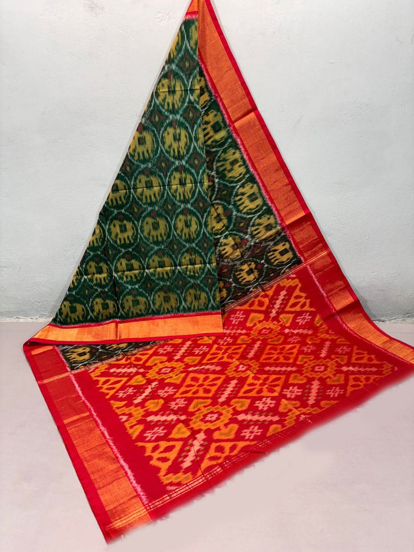Charming Dark Green Digital Ikkat Print Saree Handloom Ethnic Style