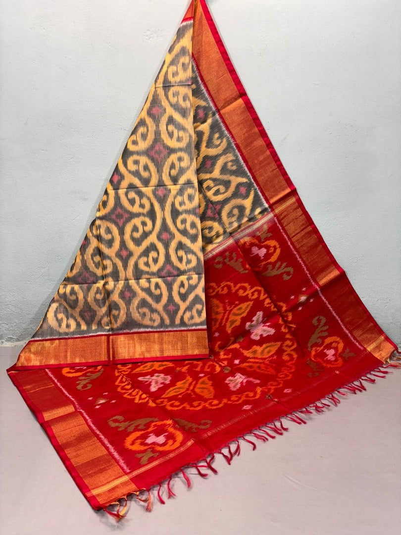 Artisanal Handloom Saree Cream Silk With Ikkat Detailing