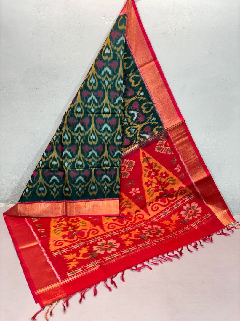 Festive Wear Dark Green Handloom Ikkat Silk Saree Rich Traditional Look