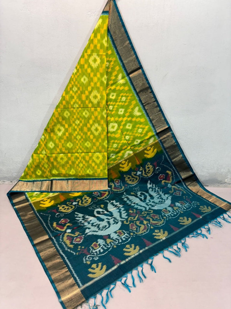 Light Green Designer Ikkat Print Saree Handloom Silk Masterpiece