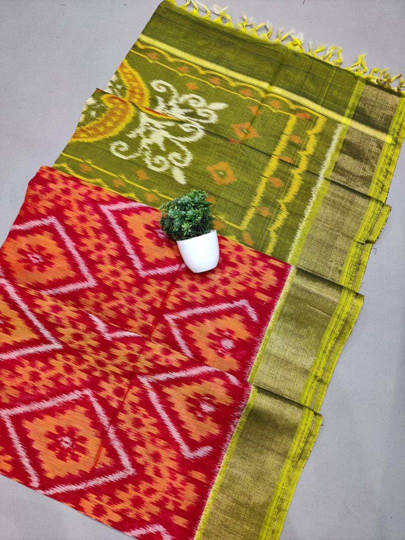 Authentic Red Ikkat Print Saree Pure Handloom Silk Fabric