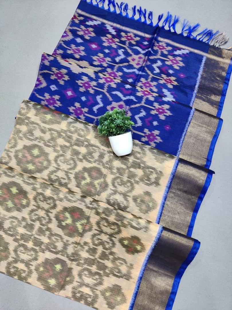 Heritage Handloom Silk Saree In Grey With Ikkat Artwork