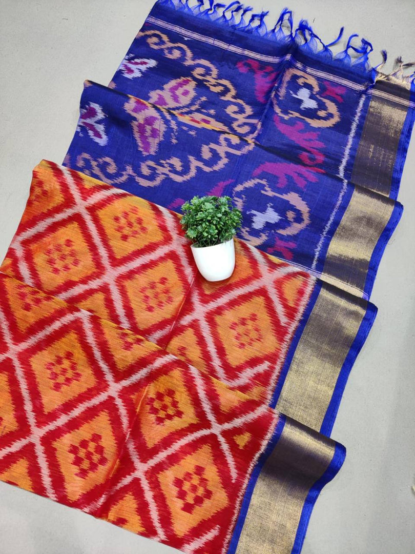 Premium Handloom Silk Saree In Red With Ikkat Design