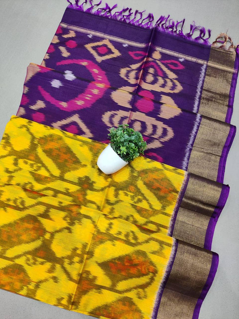 Gorgeous Yellow Ikkat Handloom Silk Saree Classic Ethnic Wear