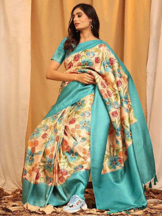 Premium Pastel Blue Soft Silk Printed Saree With Fancy Blouse Piece