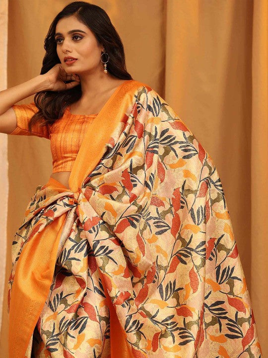 Orange Digital Print Silk Saree With Stylish Blouse For Women
