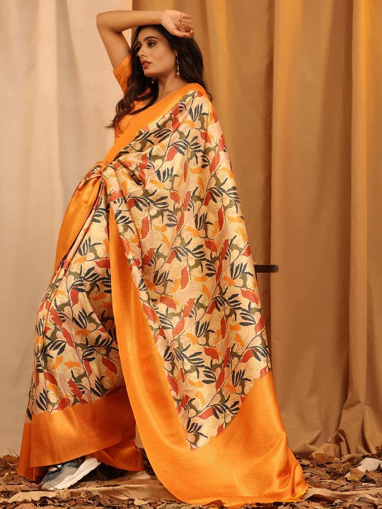 Orange Digital Print Silk Saree With Stylish Blouse For Women