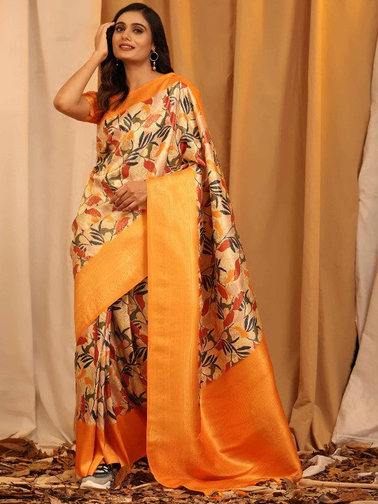 Orange Digital Print Silk Saree With Stylish Blouse For Women
