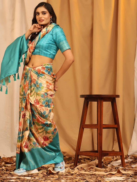 Premium Pastel Blue Soft Silk Printed Saree With Fancy Blouse Piece