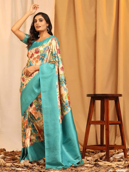 Premium Pastel Blue Soft Silk Printed Saree With Fancy Blouse Piece