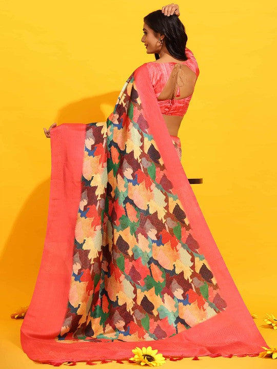 Soft Silk Orange Saree With Digital Prints And Matching Fancy Blouse