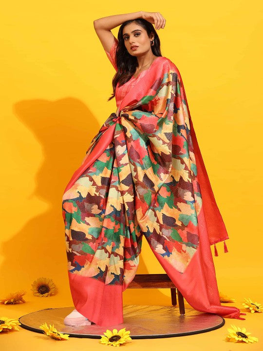 Soft Silk Orange Saree With Digital Prints And Matching Fancy Blouse