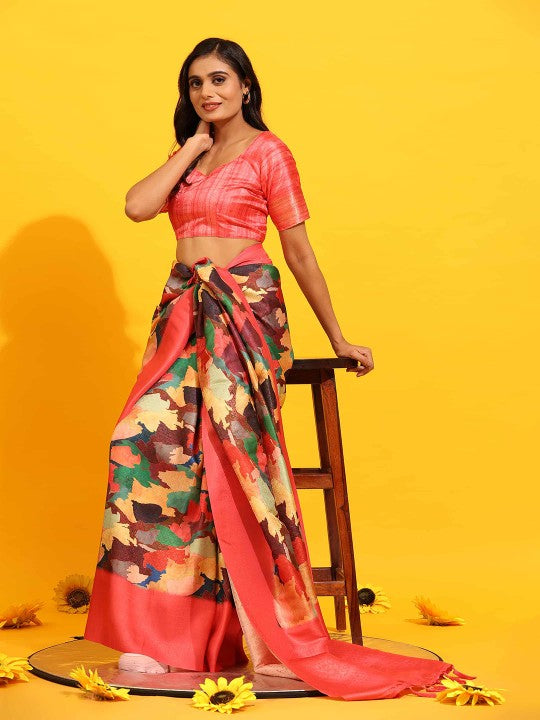 Soft Silk Orange Saree With Digital Prints And Matching Fancy Blouse