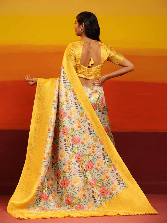 Elegant Yellow Ikkat Print Saree Rich Handloom Silk Fabric