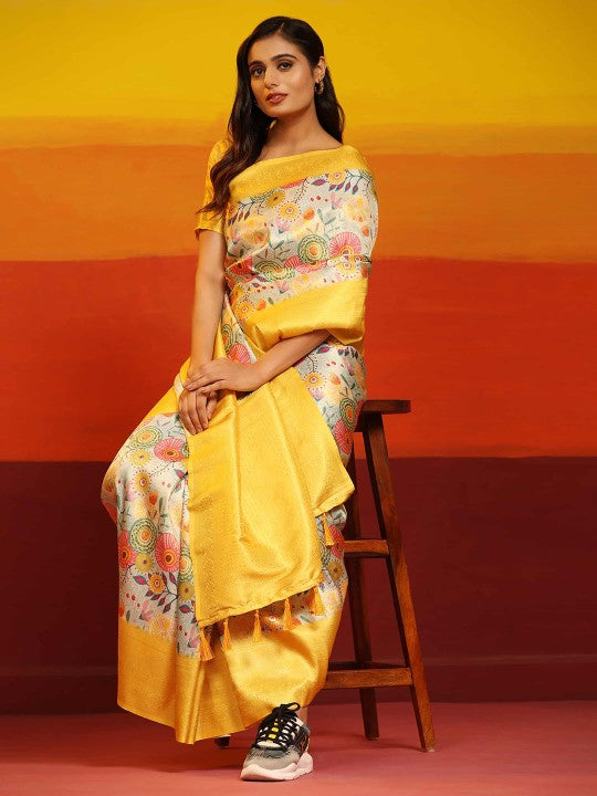 Elegant Yellow Ikkat Print Saree Rich Handloom Silk Fabric