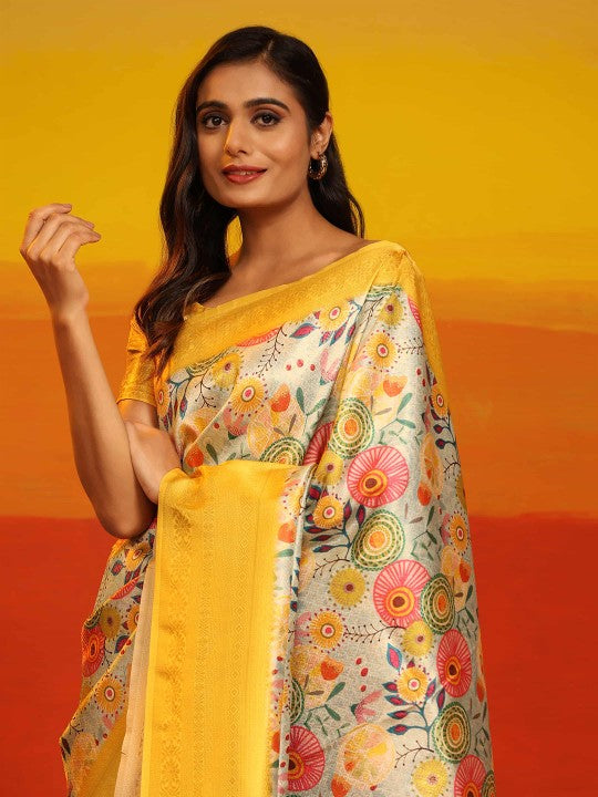 Elegant Yellow Ikkat Print Saree Rich Handloom Silk Fabric
