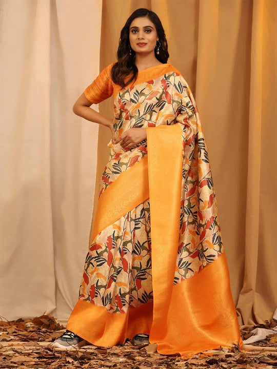 Orange Digital Print Silk Saree With Stylish Blouse For Women