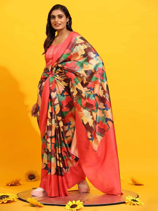 Soft Silk Orange Saree With Digital Prints And Matching Fancy Blouse