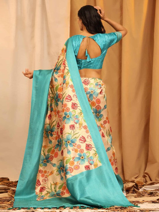 Premium Pastel Blue Soft Silk Printed Saree With Fancy Blouse Piece