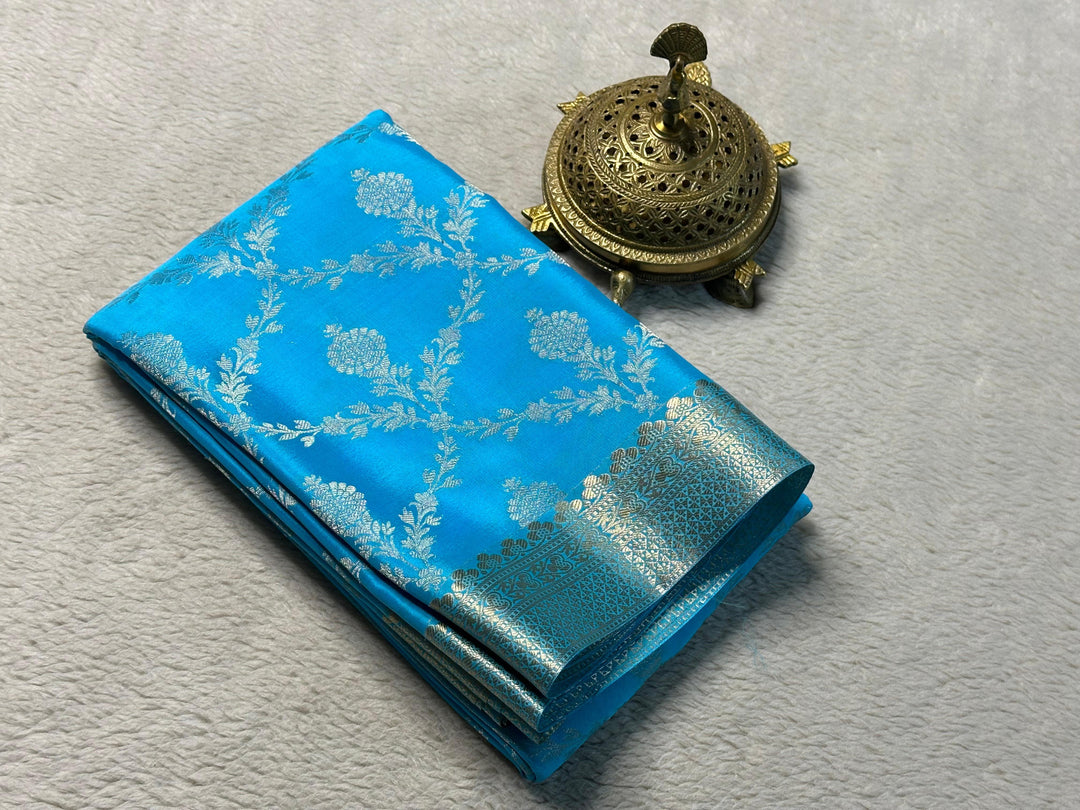 Designer Sky Blue Mysore Silk Saree Soft Texture And Zari Brocade Border