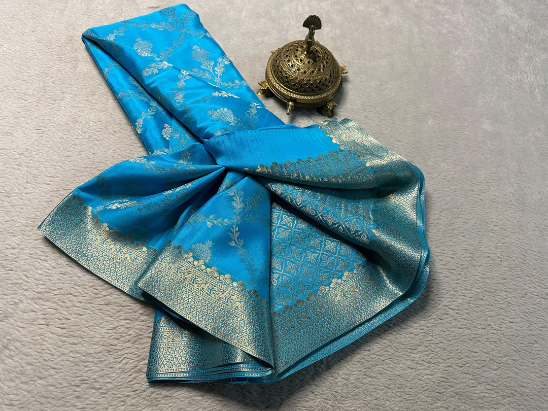 Designer Sky Blue Mysore Silk Saree Soft Texture And Zari Brocade Border