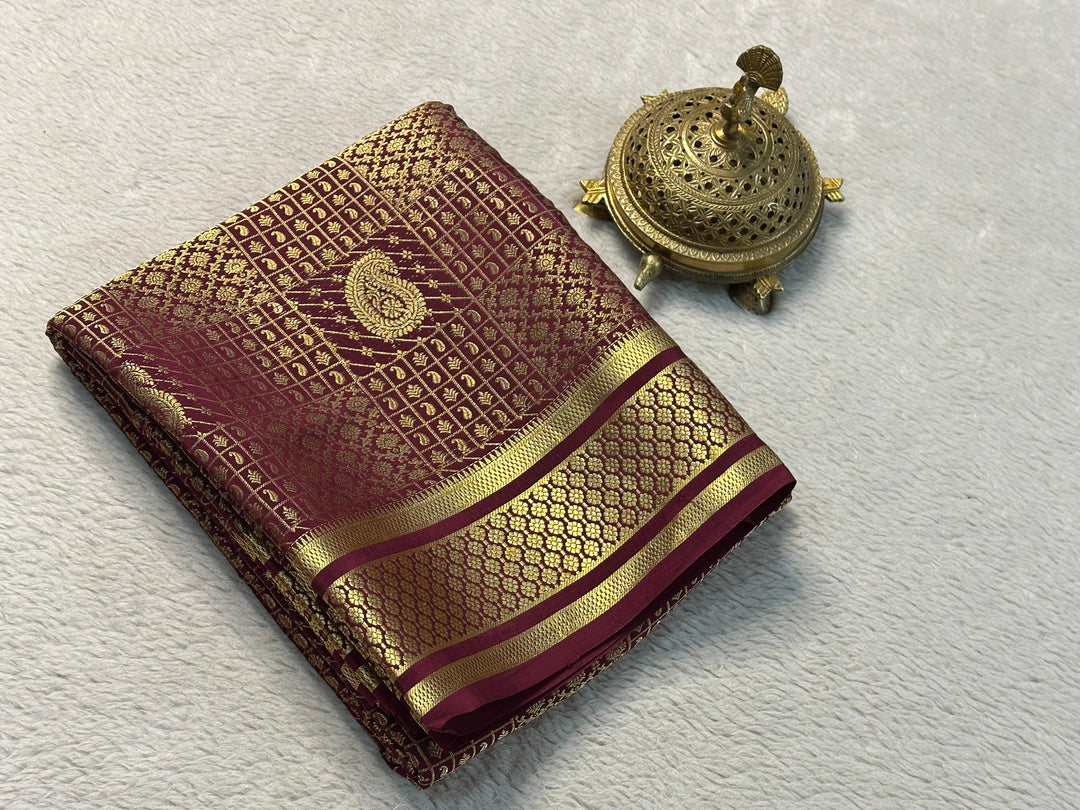 Festive Maroon Mysore Soft Silk Saree With Brocade Zari Embellishment