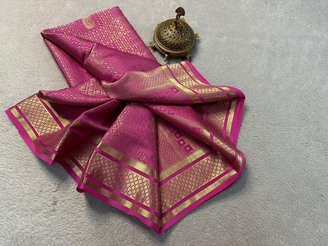 Classic Baby Pink Mysore Silk Saree Rich Brocade And Gold Zari Border